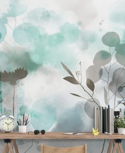 mural de papel pintado floral en acuarela azul llamado Cool Ether de Katy Clemmans para salas de estar y dormitorios