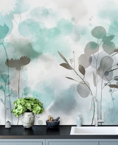 blå akvarel blomstertapet vægmaleri kaldet Cool Ether af Katy Clemmans til stuer og soveværelser blå akvarel blomstertapet vægmaleri kaldet Cool Ether af Katy Clemmans til stuer og soveværelser