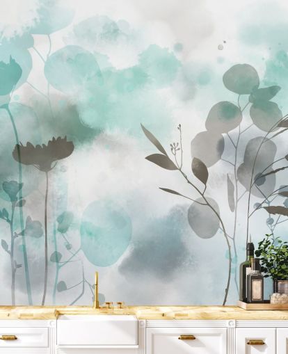 blå akvarell blommig tapetväggmålning kallad Cool Ether av Katy Clemmans för vardagsrum och sovrum blå akvarell blommig tapetväggmålning kallad Cool Ether av Katy Clemmans för vardagsrum och sovrum