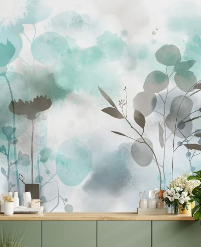blå akvarell blomstertapet veggmaleri kalt Cool Ether av Katy Clemmans for stuer og soverom