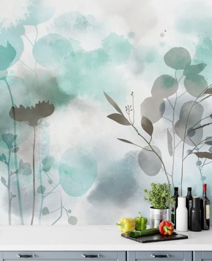 mural de papel pintado floral en acuarela azul llamado Cool Ether de Katy Clemmans para salas de estar y dormitorios