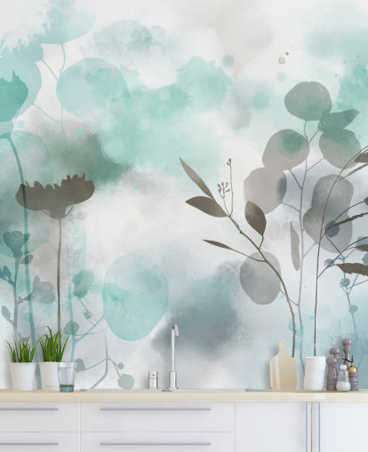 papier peint floral aquarelle bleu appelé Cool Ether par Katy Clemmans pour les salons et les chambres