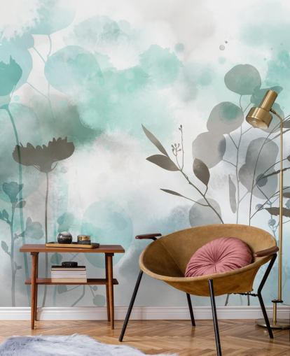 mural de papel de parede floral em aquarela azul chamado Cool Ether de Katy Clemmans para salas de estar e quartos