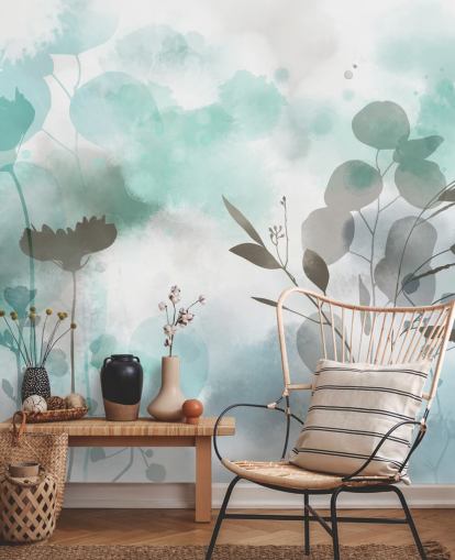 papier peint floral aquarelle bleu appelé Cool Ether par Katy Clemmans pour les salons et les chambres