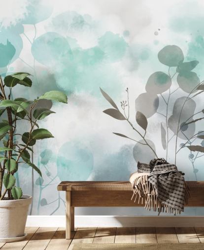 blue watercolor floral wallpaper mural called Cool Ether by Katy Clemmans for living rooms and bedrooms