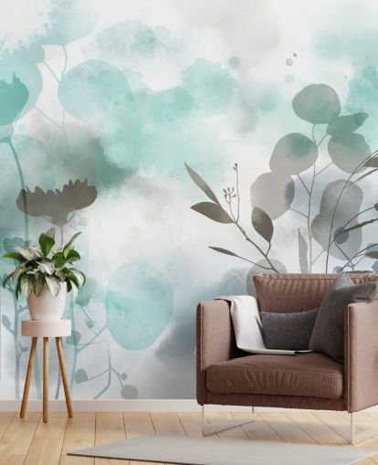 mural de papel pintado floral en acuarela azul llamado Cool Ether de Katy Clemmans para salas de estar y dormitorios