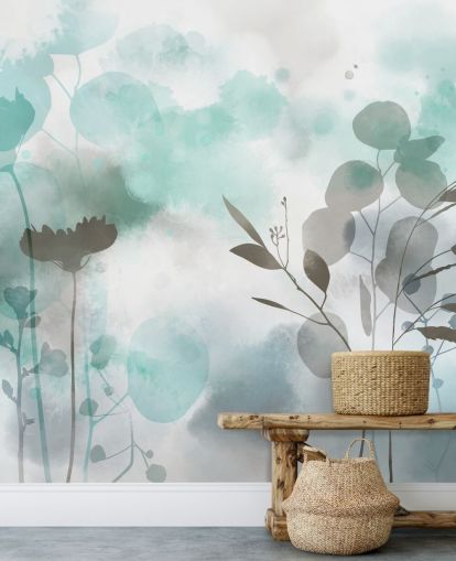 blå akvarell blommig tapetväggmålning kallad Cool Ether av Katy Clemmans för vardagsrum och sovrum blå akvarell blommig tapetväggmålning kallad Cool Ether av Katy Clemmans för vardagsrum och sovrum