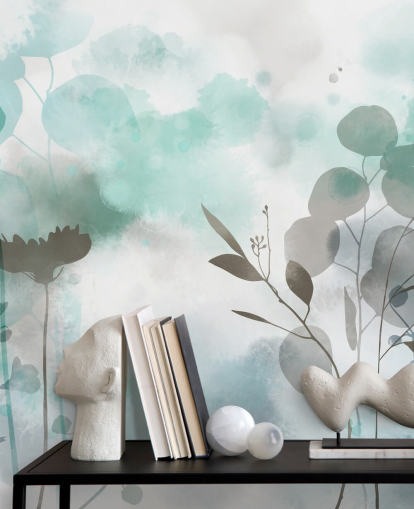 mural de papel de parede floral em aquarela azul chamado Cool Ether de Katy Clemmans para salas de estar e quartos