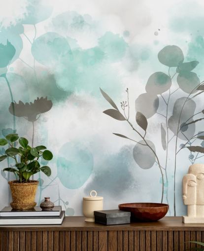 blå akvarell blommig tapetväggmålning kallad Cool Ether av Katy Clemmans för vardagsrum och sovrum