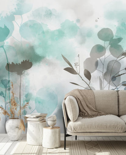 mural de papel pintado floral en acuarela azul llamado Cool Ether de Katy Clemmans para salas de estar y dormitorios
