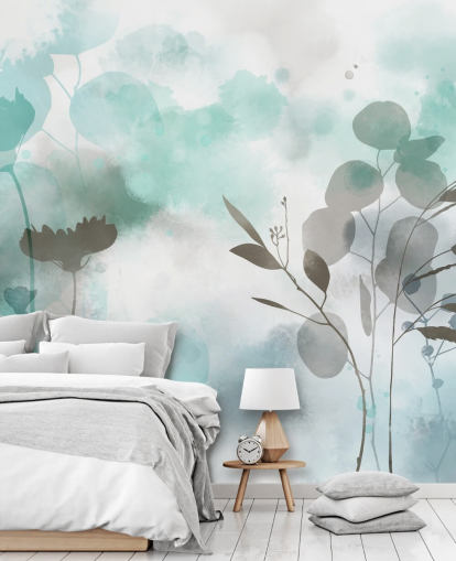 mural de papel de parede floral em aquarela azul chamado Cool Ether de Katy Clemmans para salas de estar e quartos