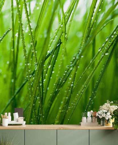 Dew Covered Closeup of Grass Mural