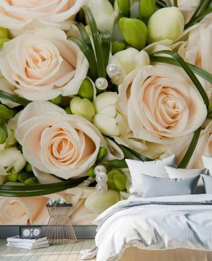 White Rose Wedding Bouquet Close Up Wall Mural