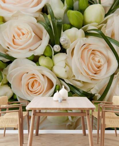 Witte roos bruiloft boeket close-up muurschildering Witte roos bruiloft boeket close-up muurschildering