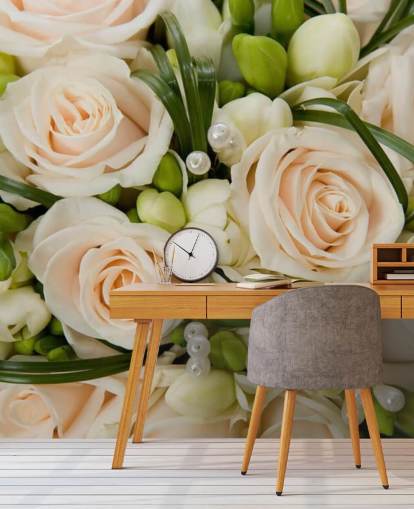 White Rose Wedding Bouquet Close Up Wall Mural