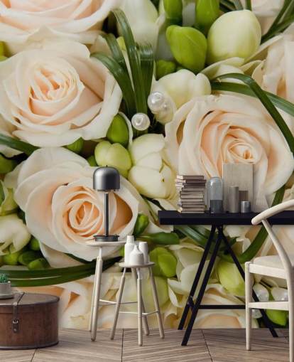 Decorazione murale ravvicinata con bouquet da sposa con rose bianche Decorazione murale ravvicinata con bouquet da sposa con rose bianche