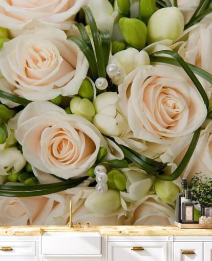 White Rose Wedding Bouquet Close Up Wall Mural