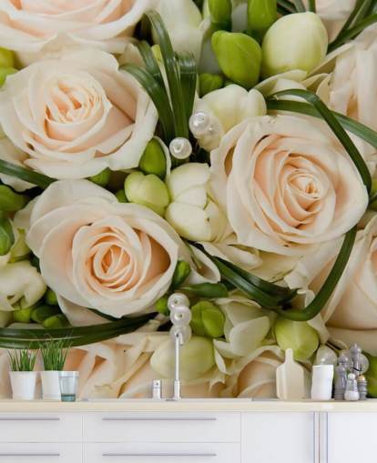 White Rose Wedding Bouquet Close Up Wall Mural