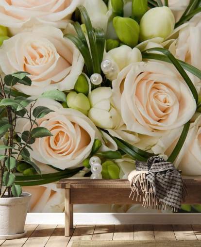 White Rose Wedding Bouquet Close Up Wall Mural