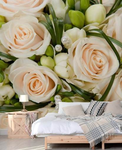 White Rose Wedding Bouquet Close Up Wall Mural