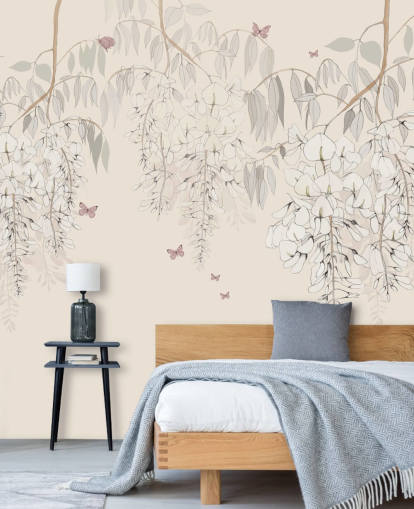 Kelly Kratzingin beige kukka-taustakuvamaalaus nimeltä Wisteria Lane tyttöjen makuuhuoneisiin ja leikkihuoneisiin Kelly Kratzingin beige kukka-taustakuvamaalaus nimeltä Wisteria Lane tyttöjen makuuhuoneisiin ja leikkihuoneisiin