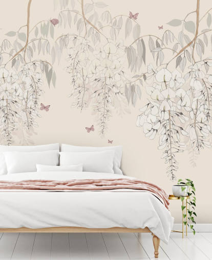 carta da parati murale floreale beige chiamata Wisteria Lane di Kelly Kratzing per ragazze, camere da letto e sale giochi