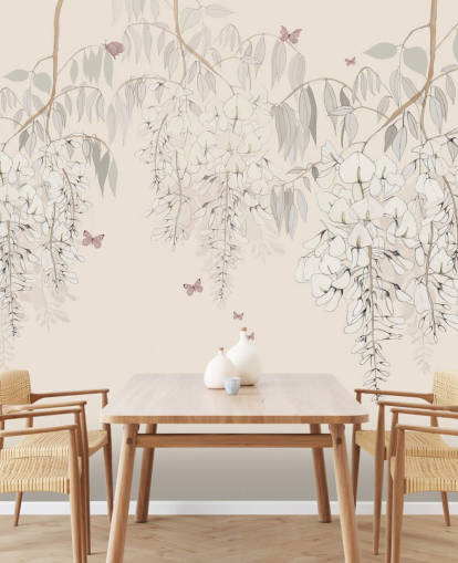 beige floral wallpaper mural called Wisteria Lane by Kelly Kratzing for girls bedrooms and playrooms