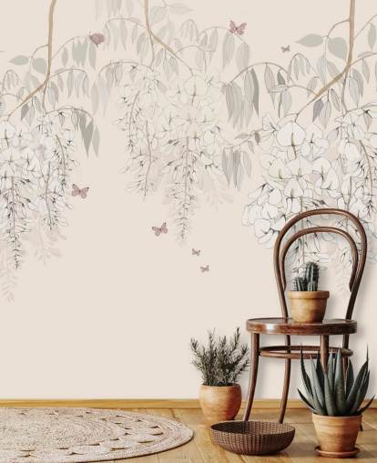mural de papel pintado floral beige llamado Wisteria Lane de Kelly Kratzing para dormitorios de niñas y salas de juegos