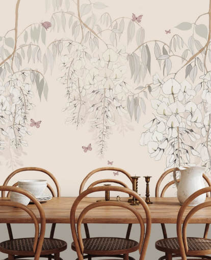 beige blommig tapetväggmålning kallad Wisteria Lane av Kelly Kratzing för flickors sovrum och lekrum