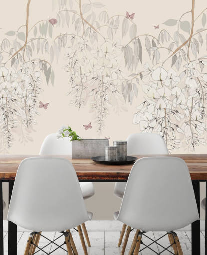papier peint floral beige appelé Wisteria Lane par Kelly Kratzing pour les chambres et les salles de jeux des filles