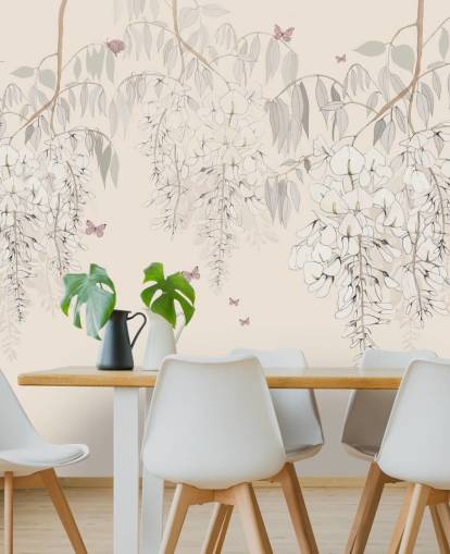 carta da parati murale floreale beige chiamata Wisteria Lane di Kelly Kratzing per ragazze, camere da letto e sale giochi