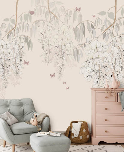 beigefarbenes Blumentapetenwandbild namens Wisteria Lane von Kelly Kratzing für Mädchenzimmer und Spielzimmer