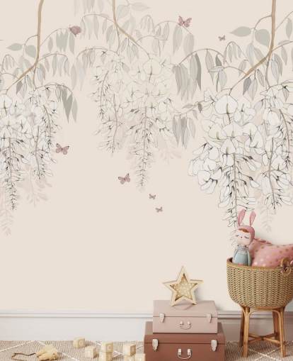 beige bloemenmuurschildering genaamd Wisteria Lane van Kelly Kratzing voor meisjeskamers en speelkamers