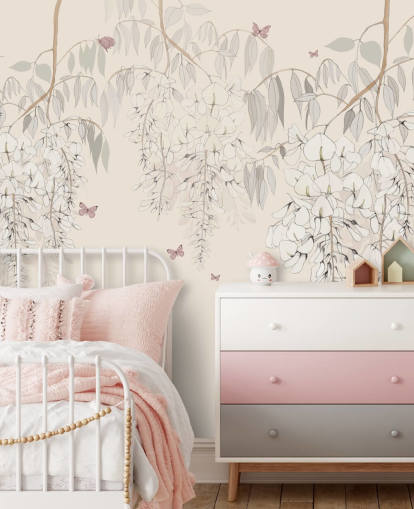 beige floral wallpaper mural called Wisteria Lane by Kelly Kratzing for girls bedrooms and playrooms