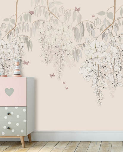 beige floral wallpaper mural called Wisteria Lane by Kelly Kratzing for girls bedrooms and playrooms