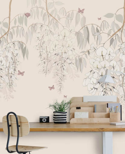 beige blommig tapetväggmålning kallad Wisteria Lane av Kelly Kratzing för flickors sovrum och lekrum