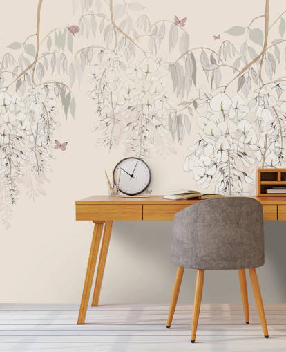 beige floral wallpaper mural called Wisteria Lane by Kelly Kratzing for girls bedrooms and playrooms