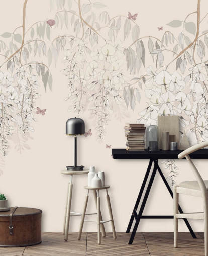 papier peint floral beige appelé Wisteria Lane par Kelly Kratzing pour les chambres et les salles de jeux des filles