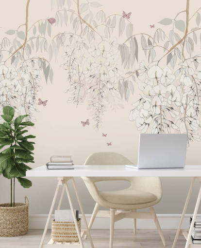 beige floral wallpaper mural called Wisteria Lane by Kelly Kratzing for girls bedrooms and playrooms