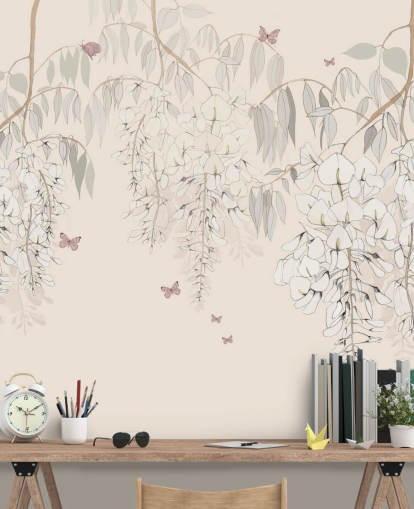 carta da parati murale floreale beige chiamata Wisteria Lane di Kelly Kratzing per ragazze, camere da letto e sale giochi carta da parati murale floreale beige chiamata Wisteria Lane di Kelly Kratzing per ragazze, camere da letto e sale giochi