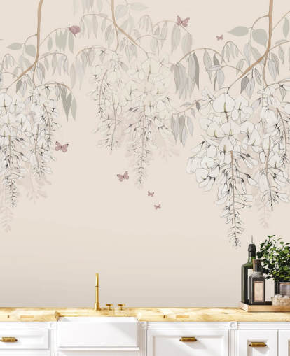 beige floral wallpaper mural called Wisteria Lane by Kelly Kratzing for girls bedrooms and playrooms