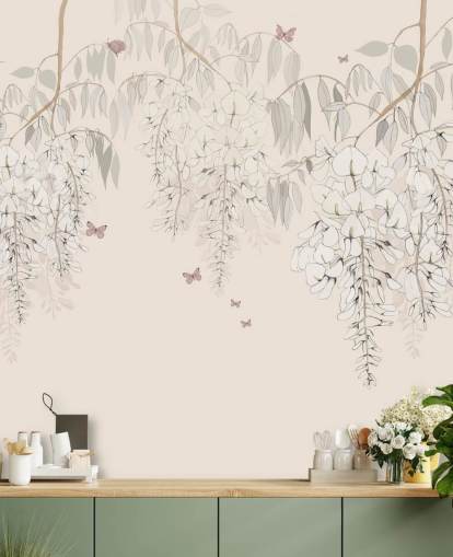 carta da parati murale floreale beige chiamata Wisteria Lane di Kelly Kratzing per ragazze, camere da letto e sale giochi