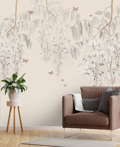 mural de papel pintado floral beige llamado Wisteria Lane de Kelly Kratzing para dormitorios de niñas y salas de juegos mural de papel pintado floral beige llamado Wisteria Lane de Kelly Kratzing para dormitorios de niñas y salas de juegos