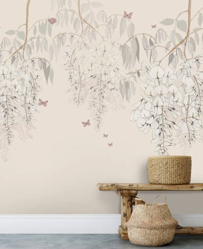 beige floral wallpaper mural called Wisteria Lane by Kelly Kratzing for girls bedrooms and playrooms