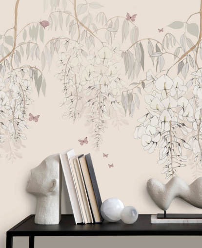 beige floral wallpaper mural called Wisteria Lane by Kelly Kratzing for girls bedrooms and playrooms