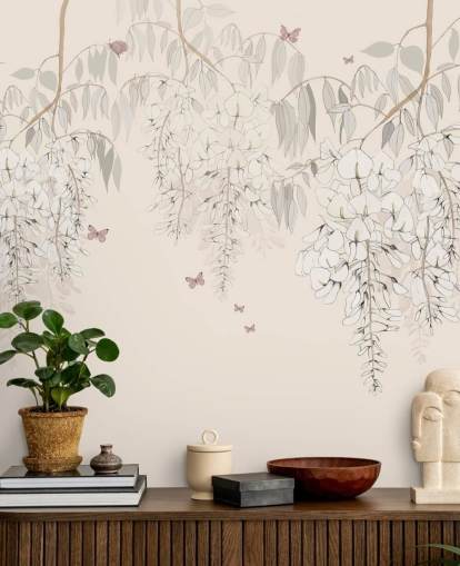 beige floral wallpaper mural called Wisteria Lane by Kelly Kratzing for girls bedrooms and playrooms