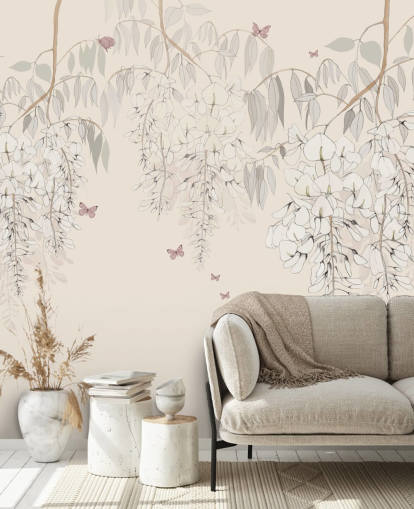 mural de papel de parede floral bege chamado Wisteria Lane de Kelly Kratzing para quartos de meninas e salas de jogos