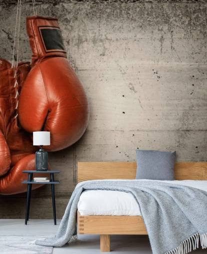 mural de papel pintado de boxeo rojo y gris llamado Boxing Gloves para dormitorios de adolescentes y gimnasios