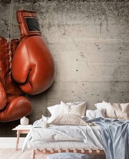 mural de papel pintado de boxeo rojo y gris llamado Boxing Gloves para dormitorios de adolescentes y gimnasios