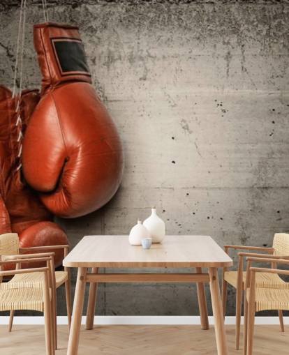carta da parati murale rossa e grigia chiamata Boxing Gloves per camere da letto e palestre per adolescenti